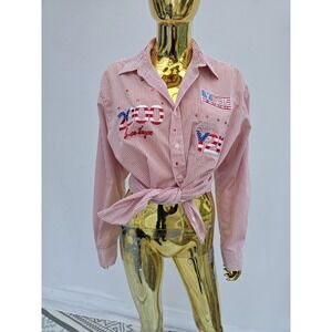 Y2K Get Lucky Patriotic American Flag Patches Button up Shirt Medium Red Stripes